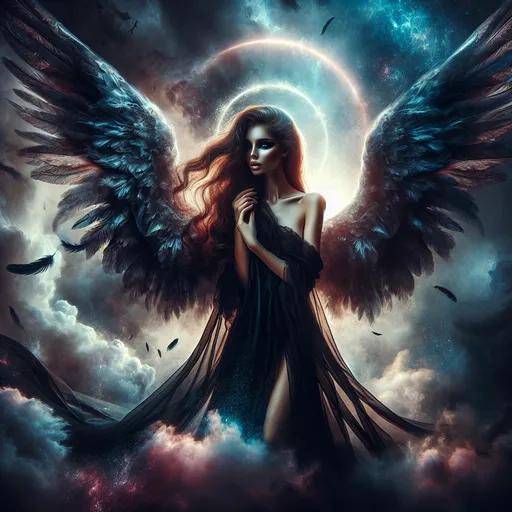 Prompt: Lucifuge Rofocale (Light-Bringer) gorgeous fallen angel goddess, (ethereal and haunting), dramatic wings, dark flowing robes, piercing gaze, mystical light emanating from halo, celestial background filled with turbulent clouds, moody atmosphere contrasting light and shadow, intricate details in feathers and fabric, ultra-detailed, high definition, vibrant colors merging with dark tones, a sense of power and vulnerability intertwined.