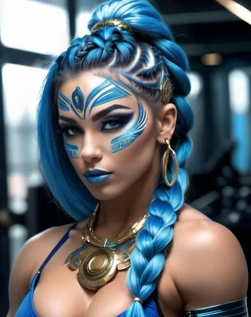 Prompt: a beautiful ultra-muscular 25-year-old Czechian goddess bodybuilder with huge busom, beautifully hyper-detailed blue face and a blue full body, hourglass figure, curvy hottie with gold and silver runes soft glowing on her skin, looking back over her shoulder, ridiculously long blue goddess braids hair, Android Jones, fantasy art, biopunk, cyberpunk art, field of depth, hyper-detailed, hyper-realistic