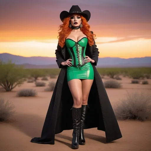 Prompt: (Gorgeous 23-year-old orange-haired Latina drag queen cowgirl), standing confidently in a bright green corset and elegant black longcoat, full body shot, smokey eye shadow,  dark lipstick, vibrant desert background at sunset, warm golden and crimson tones illuminating the scene, dramatic shadows, ultra-detailed, capturing an adventurous and daring spirit, dynamic pose, rugged 8 inch stiletto high heel leather boots, striking facial features, showcasing both strength and beauty.