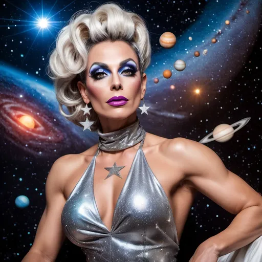 Prompt: Gorgeous muscular 35-year-old French drag queen Goddess with salt and pepper updo hair with stars in her eyes wearing a short flowing star covered halter top gown sitting on a planet looking out into space. Background is the solar system 