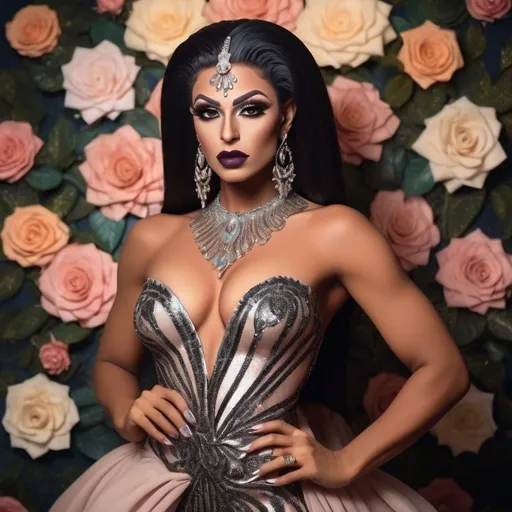 Prompt: elegant fancy Gorgeous, very muscular, suntanned, 25-year-old, suntanned, Egyptian drag queen (with strong masculine facial features, dark lipstick, huge busom, dark hair), dressed in a luxurious gown adorned with shimmering sequins,classical makeup with bold lips, graceful pose, delicate jewelry glistening under soft ambient light, whimsical and dreamy background filled with floral patterns and pastel colors, showcasing sophistication and charm, ultra-detailed, high quality, 4K resolution, captivating atmosphere