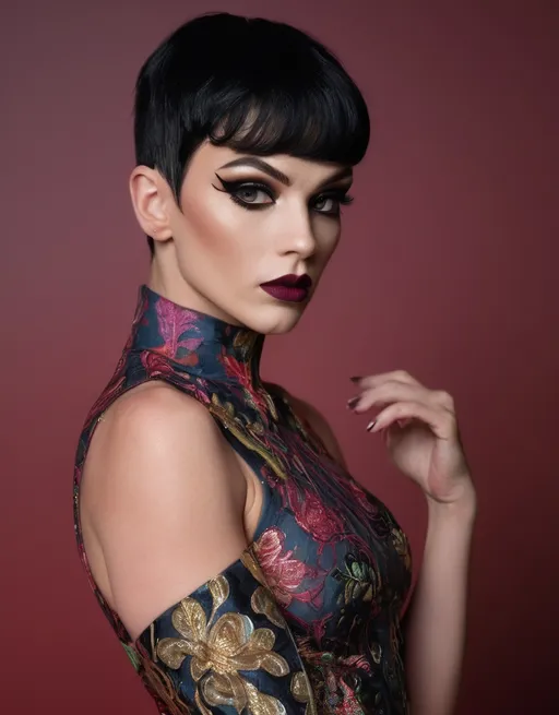 Prompt: Gorgeous ultra-muscular 25-year-old Serbian drag queen bodybuilder with short black pixie hair (Gucci dress), luxurious fashion, elegant silhouette, intricate patterns, vibrant colors, stylish details, dark eye makeup, dark lipstick, high-fashion model posing, contemporary runway, (refined textures), soft light enhancing fabric sheen, (ultra-detailed), chic backdrop, stylish ambiance, artistic expression of opulence and modern elegance, inviting atmosphere, capturing the essence of high-end couture.