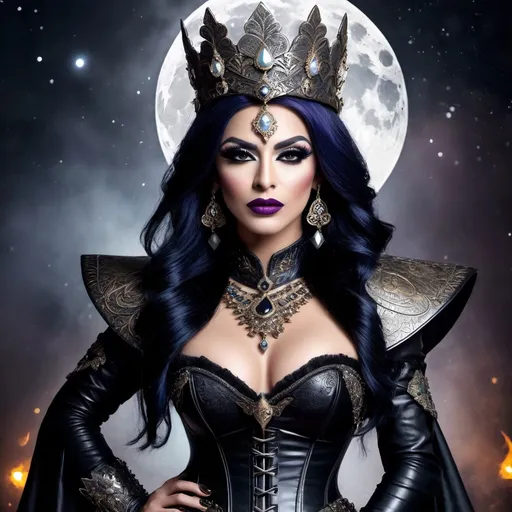 Prompt: Grunge style, stylish Turkish drag queen, (a formidable heroine:1.3), (gothic fantasy:1.25), (warrior armor:1.2), dark allure, formidable armor, ornate engravings, demonic motifs, spiked gauntlets, leather corset, skull ornaments, mystical symbols, ethereal glow, fierce countenance, haunting beauty, moonlit battlefield, (eerie lighting:1.2), (sinister hues:1.1), (intricate patterns:1.15), Textured, distressed, vintage, edgy, punk rock vibe, dirty, noisy