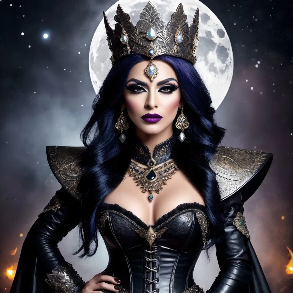 Prompt: Grunge style, stylish Turkish drag queen, (a formidable heroine:1.3), (gothic fantasy:1.25), (warrior armor:1.2), dark allure, formidable armor, ornate engravings, demonic motifs, spiked gauntlets, leather corset, skull ornaments, mystical symbols, ethereal glow, fierce countenance, haunting beauty, moonlit battlefield, (eerie lighting:1.2), (sinister hues:1.1), (intricate patterns:1.15), Textured, distressed, vintage, edgy, punk rock vibe, dirty, noisy