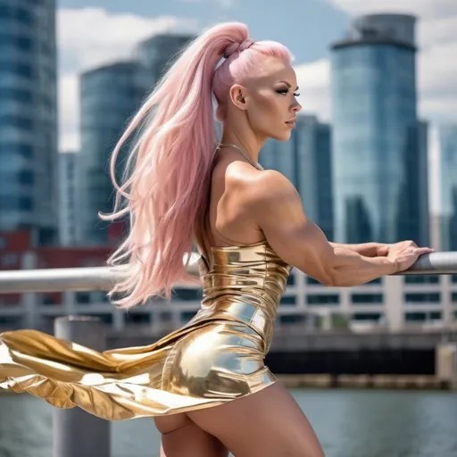 Prompt: Gorgeous ultra-muscular Finnish 25 year old goddess bodybuilder with huge busom and has ridiculously long platinum pink hair tied up in a pretty ponytail held upward above her head (((blowing in the wind))). She wears a mid-length gold skirt with ruffles and 8 inch stiletto high heel shoes.  Futuristic city background. 