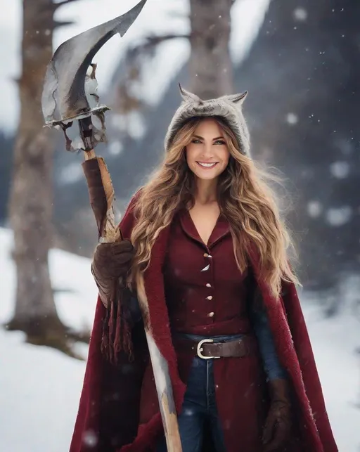 Prompt: A hi-res 8k hd digital photograph of a proud gorgeous rugged cowgirl with huge busom in winter snowy mountains. She is wearing a dark red cloak lined with fur and a scarf over metal armor. She has ridiculously long wavy autum hair and a brown cowboy hat. She is holding a halberd. It is snowing and windy. She is smiling. Cowboy hat.