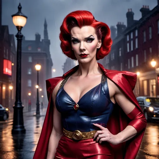 Prompt: Dr. Strange dressed as A hyper realistic flawless 25-year-old gorgeous Northern European drag queen bodybuilder with red updo hair walking the streets as a 50s housewife on a dark and rainy night. Heavy eye makeup. Dark red lipstick.