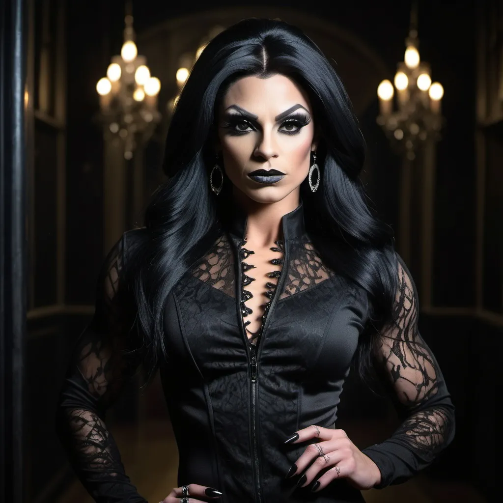 Prompt: Modern Goth style, (attractive 25-year-old) gorgeous ultra-muscular Czechian drag queen bodybuilder, (waist long black hair), ((alluring soft feminine facial features)), 8 inch stiletto high heel shoes