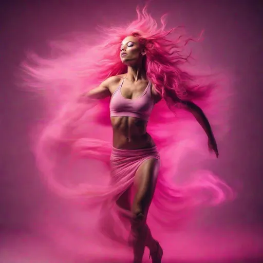 Prompt: Gorgeous ultra-muscular buxom busom pink-haired goddess dancer in motion, captured with long exposure photography Nikon D850 DSLR camera f/4. ISO 200