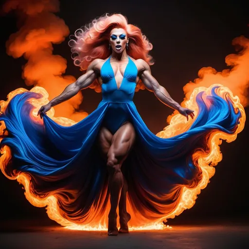 Prompt: Gorgeous ultra-muscular 25-year-old Czechian drag queen bodybuilder dancing on a blue flame, silhouette, lava, long flowing blue flame gown, huge busom, long wavy fiery hair, long muscular legs, very muscular dancing drag queen, mystical background,