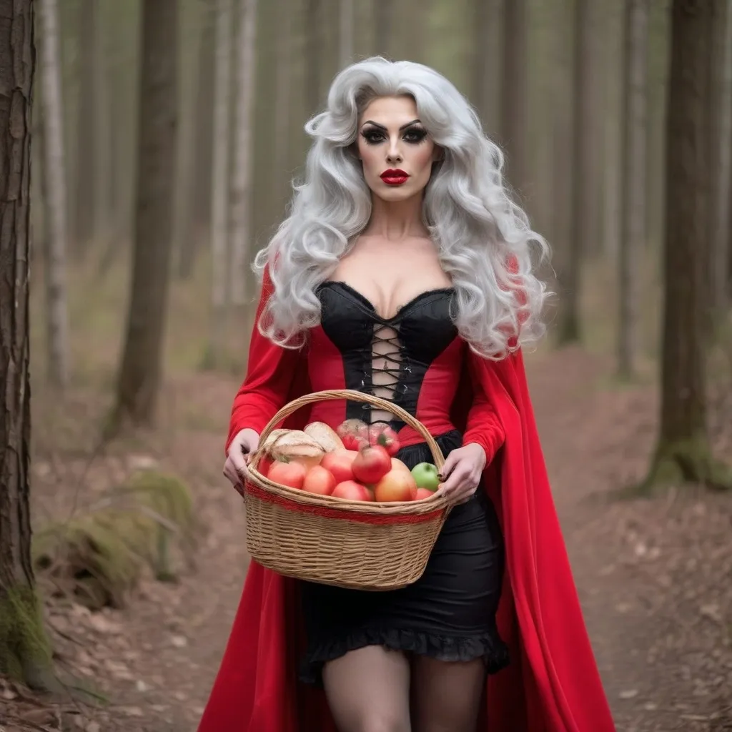 Prompt: Gorgeous 25-year-old (caucasian) muscular Austrian drag queen ((strong masculine jawline and brow)) with fit figure, and ridiculously long wavy silver hair (((blowing in the wind))), dressed as Little Red Riding Hood, black sheer nylon stockings, and 8 inch stiletto high heel shoes, walking through the forest carrying a basket of food.