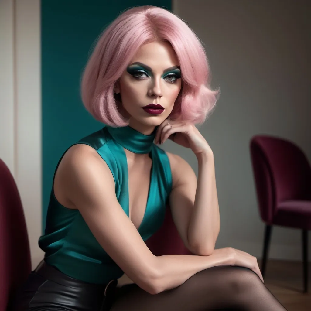 Prompt: photorealistic, (introspective) gorgeous Swedish drag queen with pink longbob seated in (thinker pose), dark eyeshadow abd dark red lipstick, muscular physique, black capi pants and wrap around teal blouse, soft natural lighting, warm tones, delicate shadows enhancing features, comfortable room ambiance, modern interior with minimalistic decor, inviting atmosphere, high resolution, ultra-detailed image, emphasizing deep thought and contemplation.