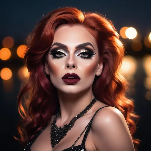 Prompt: epic masterpiece, at (night:1.8) with (hyper detailed:1.5), gorgeous, 25-year-old, Polish drag queen supermodel, looking at camera, dark orange hair, dark eyeshadow and dark red lipstick, Insanely detailed, backlit, bokeh, face turned upwards to the sky, blushing lightly with mouth open, she has an orange diaphanous flowing transparent long shawl draped about her shoulders and upper arms, midnight, a calm lake in ((pouring rain:1.4)), surrounded by high cliffs covered in shadows, breathtaking starry night sky, galaxies, nebula, tiny fireflies floating in the air, 8k photo, HDR, masterpiece, fine details, natural beauty, breathtaking, captivating, fine details, sharp, very detailed, high resolution, close up, taken with a Hasselblad H6D-100c, Hasselblad Zeiss Sonnar F 150mm f/2.8 lens, Godox SK400II Professional Compact 400Ws Studio Flash, sharp focus, fine details, 5 flash set up, Ring light for catchlight eyes, Award winning photography, pro lighting, realistic, realism