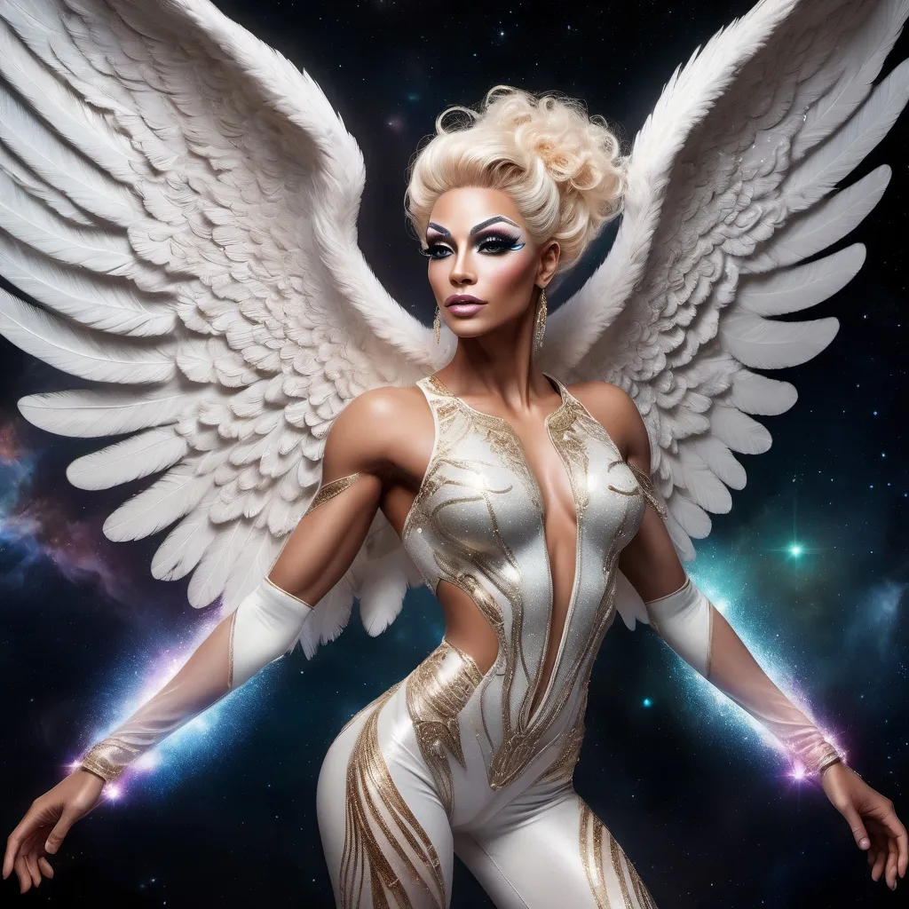 Prompt: Create a gorgeous muscular drag queen (((masculine jawline and brow features))), a lovely angel, in space, suspended in mid-air, with a serene, peaceful expression, showing her full body and wingspan, symmetrical and glistening wings outstretched, masterfully rendered in exquisite detail, showcasing intricate textures, and an, ethereal ambiance, with, luminous lighting, and a silent, iridescent glow, with a mix of realism and fantasy, blending traditional and digital media, in a highly detailed, high-resolution image, with a shallow depth of field, and a subtle bokeh effect, set against a dreamy, outer space backdrop