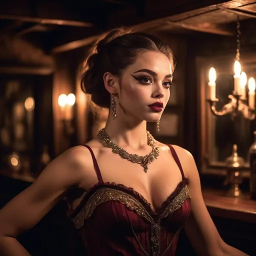 Prompt: (A close up image) A romantic and dynamic scene set in a 16th-century London tavern: A gorgeous muscular 19-year-old French drag queen bodybuilder (strong masculine jawline and brow facial features) with huge busom, dark eye makeup and burgundy lipstick, is dancing gracefully in the dimly lit bar, wearing an elegant period-appropriate short dance dress. The warm, soft glow of candlelight flickers against the wooden beams and stone walls, casting a dreamy, vintage cinematic atmosphere. Her movements are fluid and mesmerizing, her dress swirling as she twirls, filling the air with an enchanting sense of romance. The ambient lighting creates a classic film-like warmth, enhancing the nostalgic and intimate mood of the lively yet mysterious night. Hyper realistic photo, hyper intricate details, cinematic studio lighting, hyper intricate facial details