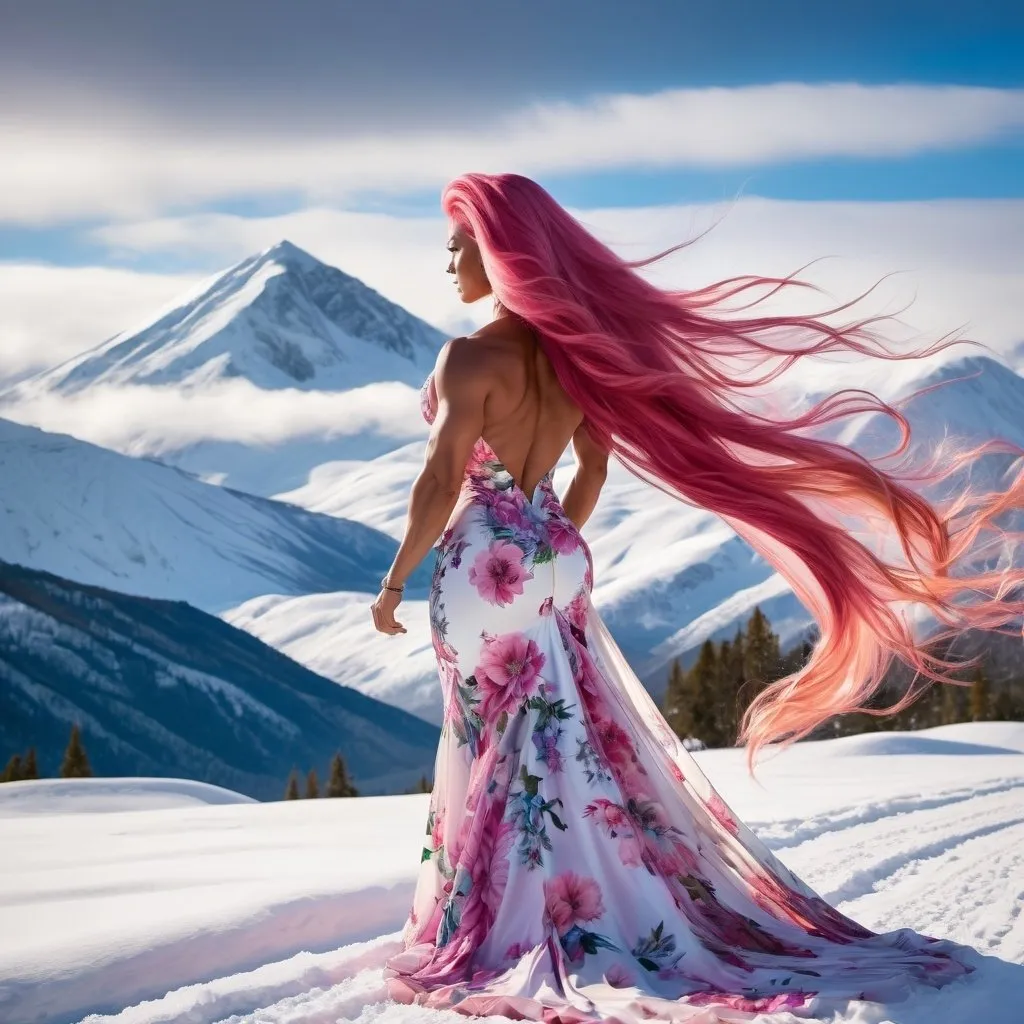 Prompt: Rear view of a gorgeous muscular 25 years old goddess bodybuilder with very long pink hair (((blowing in the wind))) in a very long flowing multicolored floral gown with a long train and looking out toward the snow covered mountain.