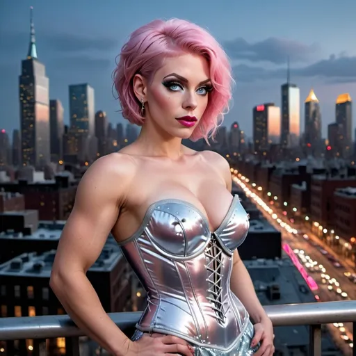 Prompt: Delicate gorgeous 25 years old buxom drag queen bodybuilder overlooking city from balcony, short stylish pink hair, photorealism, silver corset and skirt, ice blue eyes, pale skin, heart-shaped face, metropolitan nightscape, skyscrapers, highly detailed, 8k photo, photorealistic, delicate beauty, intricate details, city lights, atmospheric lighting