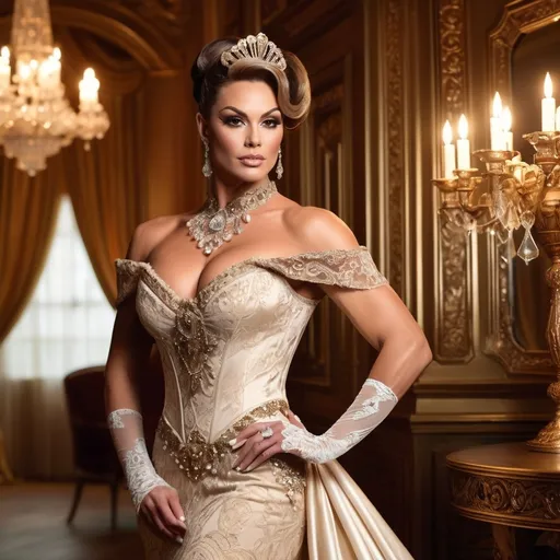 Prompt: Gorgeous muscular 35-year-old Victorian princess drag queen bodybuilder (masculine jawline and brow facial features), big busom, elegantly dressed in a lavish gown with intricate lace details, holding a delicate fan, exquisitely adorned with jewels, soft golden candlelight illuminating her surroundings, a luxurious opulent ballroom background, romantic and enchanting ambiance, intricate wallpaper patterns, vintage decor elements, high detail, 4K resolution, soft warm tones, evoking a sense of timeless beauty and royal grace.