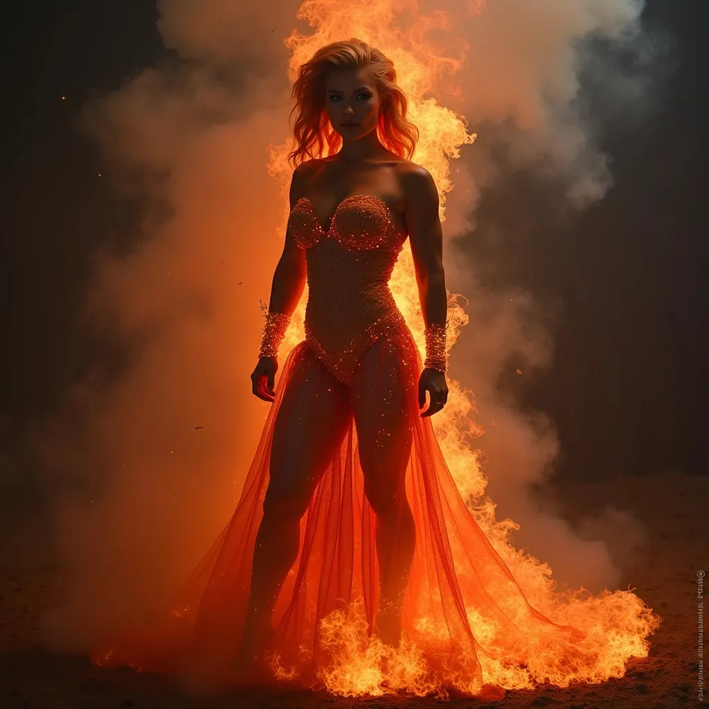 Prompt: Gorgeous muscular 35-year-old French drag queen bodybuilder made of smoke and fire. Wearing a gown of lava.