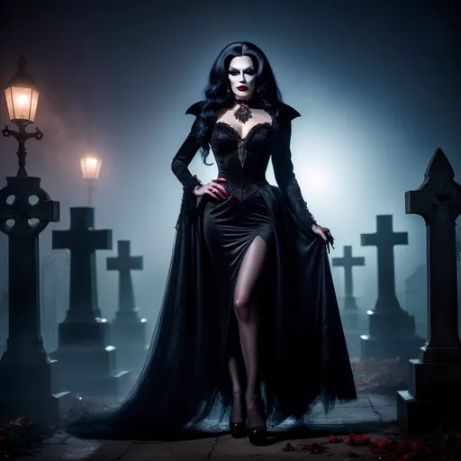 Prompt: If Count Dracula was a gorgeous drag queen dressed in a black party dress and heels (full length photo) with long muscular legs, posing in a spooky, foggy graveyard.