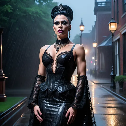 Prompt: Gorgeous muscular 25-year-old Victorian gothic drag queen (strong masculine jawline and brow) standing in the rain, full body, detailed lace gown, intricate jewelry, hauntingly beautiful, high quality, gothic, vintage, dramatic lighting, vibrant color tones