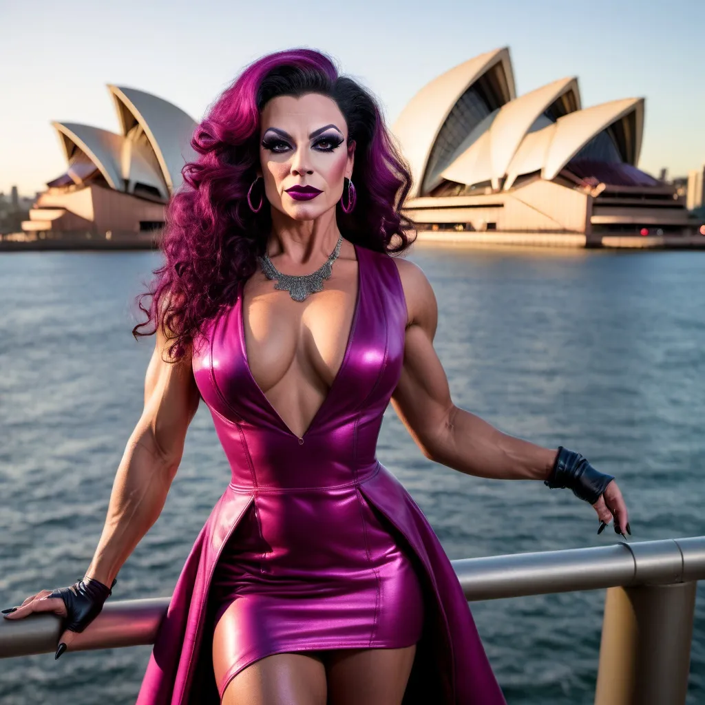 Prompt: A gorgeous muscular 35-year-old French drag queen bodybuilder with large busom, dark eye makeup, dark lipstick, a long curly bright dark hair, wearing a loose magenta short A-line dres, and 6 inch stiletto high heel knee-high boots, Sydney Opera House at sundown in the background. 