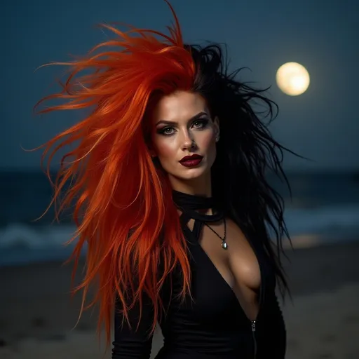 Prompt: In a dark, mysterious beach setting, a daring, gorgeous 25-year-old Swedish drag queen bodybuilder with vibrant red hair, heavy mascara, and dark red lipstick strikes a fierce pose for a photo. Her wild, messy hair contrasts in black and orange hues, creating a striking blend of edginess and glamor. The long, shaggy locks cascade around her, exuding confidence and individuality as the full moon shimmers off her.