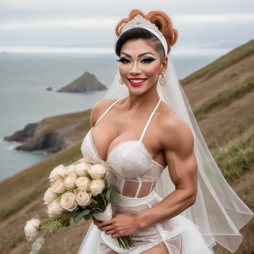 Prompt: Cute and glamorous 20-something Eurasian drag queen bodybuilder, very beautiful,
During a photoshoot wearing a sheer mini wedding dress, garter belt, and stiletto high heels
Hairband on her head
Smiling expression
Outfit that emphasizes her glamorous body
Large busom 
Holding a small bouquet in one hand.
Taking a photo on a windy seaside hill.
Skirt and veil blowing in the wind
Sitting on a bench with her muscular legs slightly spread
Thighs visible
Wearing a garter belt
