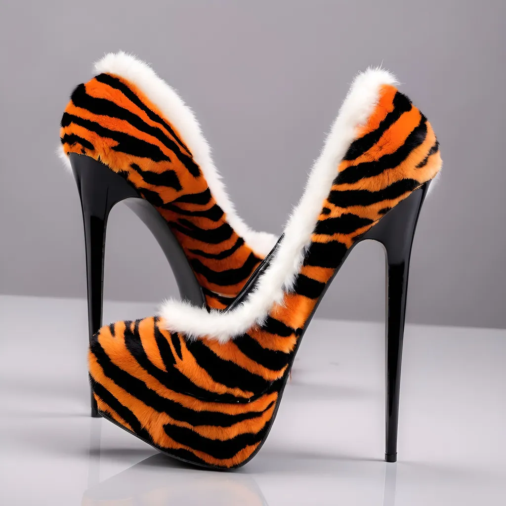 Prompt: 8 inch stiletto tiger fur high heel shoes. 