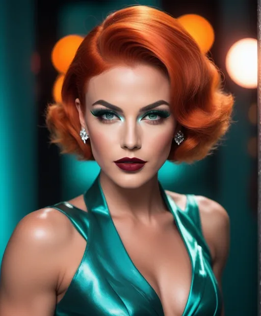 Prompt: Ben Affleck dressed up as a Gorgeous 25-year-old Czechian drag queen bodybuilder, short swept over stylish orange hair, smoky eyeshadow,  dark red lipstick, retrofuturistic film noir by Quentin Tarantino, teal glowing haze dreamy atmosphere.