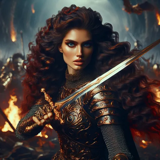 Prompt: Gorgeous ultra-muscular 25-year-old Finnish goddess warrior with huge busom and extremely long wavy dark red hair wearing bronze armour and wielding a shimmering golden sword, in a bloody and fiery battle against a vicious demon hoard.  