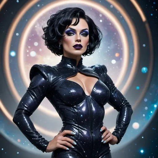 Prompt: Gorgeous muscular 35-year-old Romanian drag queen bodybuilder (with large busom, dark eyeshadow,  dark lipstick,  and short sassy black hair), in a Chanel outer space look, (high fashion) in a cosmic setting, (futuristic) garments with glittering textures and unique cuts, stars and planets sparkling in the background, (deep blue and silver tones) creating a dreamlike atmosphere, dramatic lighting that highlights intricate details of the clothing, (elegant) poses showcasing style, (ultra-detailed) and vivid imagery, atmosphere as if in an interstellar boutique.