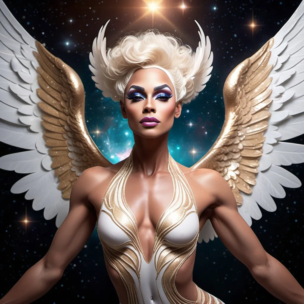 Prompt: Create a gorgeous muscular drag queen (((masculine jawline and brow features))), a lovely angel, in space, suspended in mid-air, with a serene, peaceful expression, showing her full body and wingspan, symmetrical and glistening wings outstretched, masterfully rendered in exquisite detail, showcasing intricate textures, and an, ethereal ambiance, with, luminous lighting, and a silent, iridescent glow, with a mix of realism and fantasy, blending traditional and digital media, in a highly detailed, high-resolution image, with a shallow depth of field, and a subtle bokeh effect, set against a dreamy, outer space backdrop