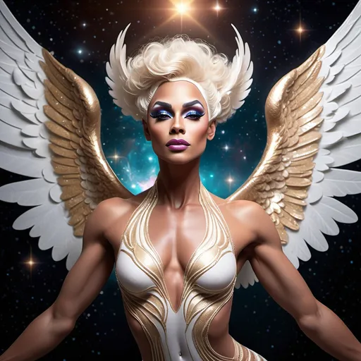 Prompt: Create a gorgeous muscular drag queen (((masculine jawline and brow features))), a lovely angel, in space, suspended in mid-air, with a serene, peaceful expression, showing her full body and wingspan, symmetrical and glistening wings outstretched, masterfully rendered in exquisite detail, showcasing intricate textures, and an, ethereal ambiance, with, luminous lighting, and a silent, iridescent glow, with a mix of realism and fantasy, blending traditional and digital media, in a highly detailed, high-resolution image, with a shallow depth of field, and a subtle bokeh effect, set against a dreamy, outer space backdrop