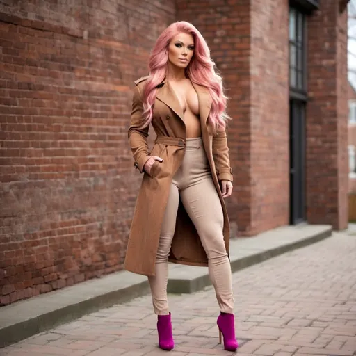 Prompt: Gorgeous ultra-muscular 25-year-old Finnish goddess bodybuilder with huge busom and ridiculously long flowing pink hair, standing in front of a brick wall wearing a long brown tweed trench coat and beige turtle neck underneath, brown corduroy pants and 8 inch stiletto high heel shoes, Christian Hilfgott Brand, dau-al-set, brown, a digital rendering