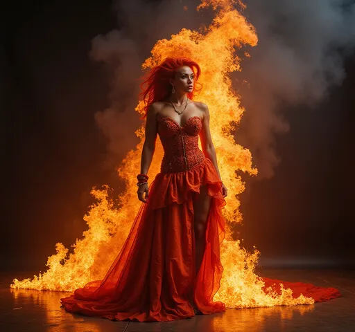 Prompt: Gorgeous muscular 35-year-old Czechian drag queen bodybuilder made of smoke and fire. Wearing a gown of lava.