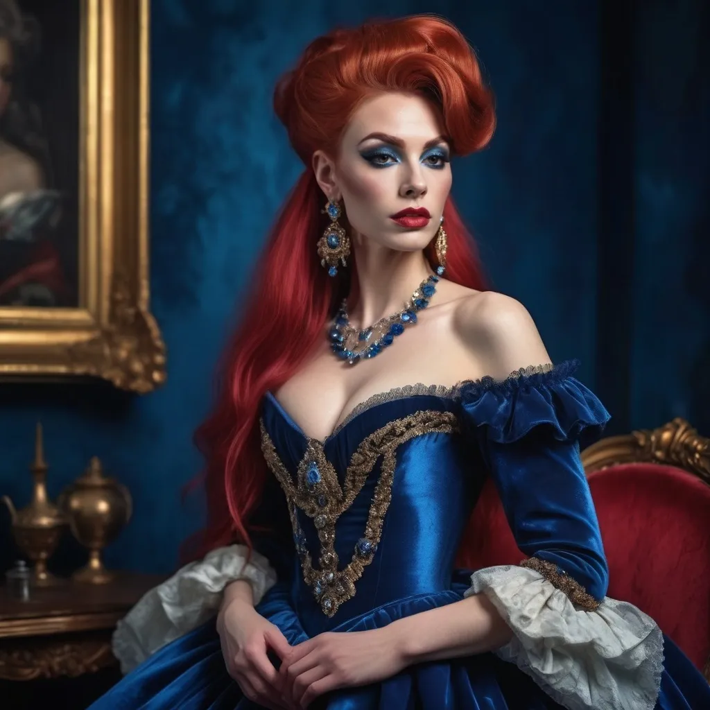 Prompt: a French drag queen (with strong masculine jawline and brow facial features) with long red hair wearing blue velvet dress and earrings, posing for a picture with a blue background, Elina Karimova, rococo, elegance,  photorealistic