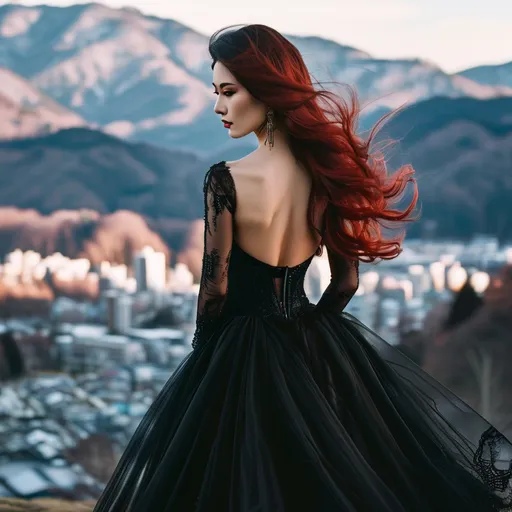 Prompt: Gorgeous ultra-muscular 30 years old Japanese goddess bodybuilder with huge busom, long muscular legs, immaculate dark eye makeup,  and very long wavy dark red hair (((blowing in the wind))). Wearing sheer light black gown. Standing on a cliff facing away, looking down on Nagano City down below in the background. Composition focus on legs and bum.