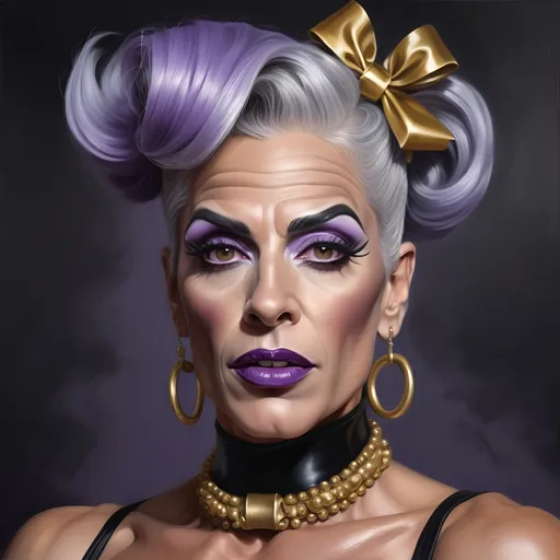 Prompt: a painting of a gorgeous muscular 45-year-old Belgian drag queen with very strong masculine facial features, dark eyeshadow and dark lipstick, wearing a gold choker around her neck and a Lilac bow in her gray hair, Edwin Georgi, photorealism, highly detailed digital painting, a photorealistic painting