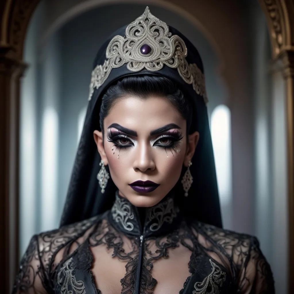 Prompt: hyper-detailed dull photo of a gorgeous muscular masculine 25-year-old Betawi drag queen, with dark eye makeup, dark lipstick, venetian lace jilbab, cropped jacket, foggy old hallway, art pose, medium format, epic character composition, sharp focus, intricate filigree details, cinematic lighting, volumetric fog, award-winning, masterpiece, 64K, professionally color graded