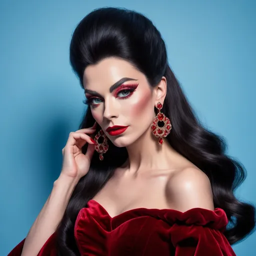 Prompt: a British drag queen (with very strong masculine jawline and brow facial features) with long shiny black hair wearing red velvet dress and earrings, posing for a picture with a blue background, Elina Karimova, rococo, elegance,  photorealistic