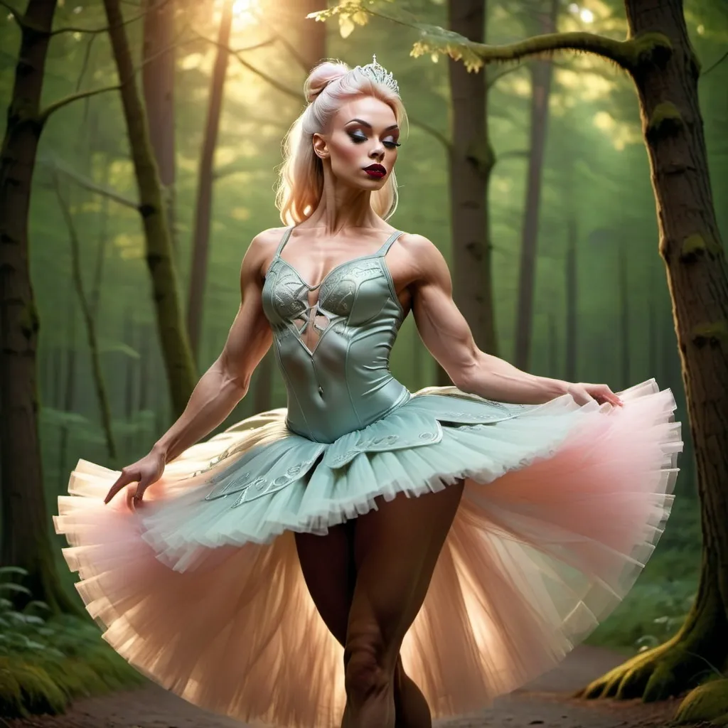 Prompt: (focused character gorgeous ultra-muscular 25-year-old Swedish drag queen bodybuilder), (elegant ballet pose), soft warm lighting, large busom, flowing pastel-colored tutu, enchanted forest background, delicate expression, intricate details in attire, dark eyeshadow,  dark red lipstick, immersive atmosphere, ethereal vibe, graceful movements, dreamy ambiance, intricate ballet shoes, glowing soft light filtering through trees, beautiful HD quality, atmospheric cinematic mastery