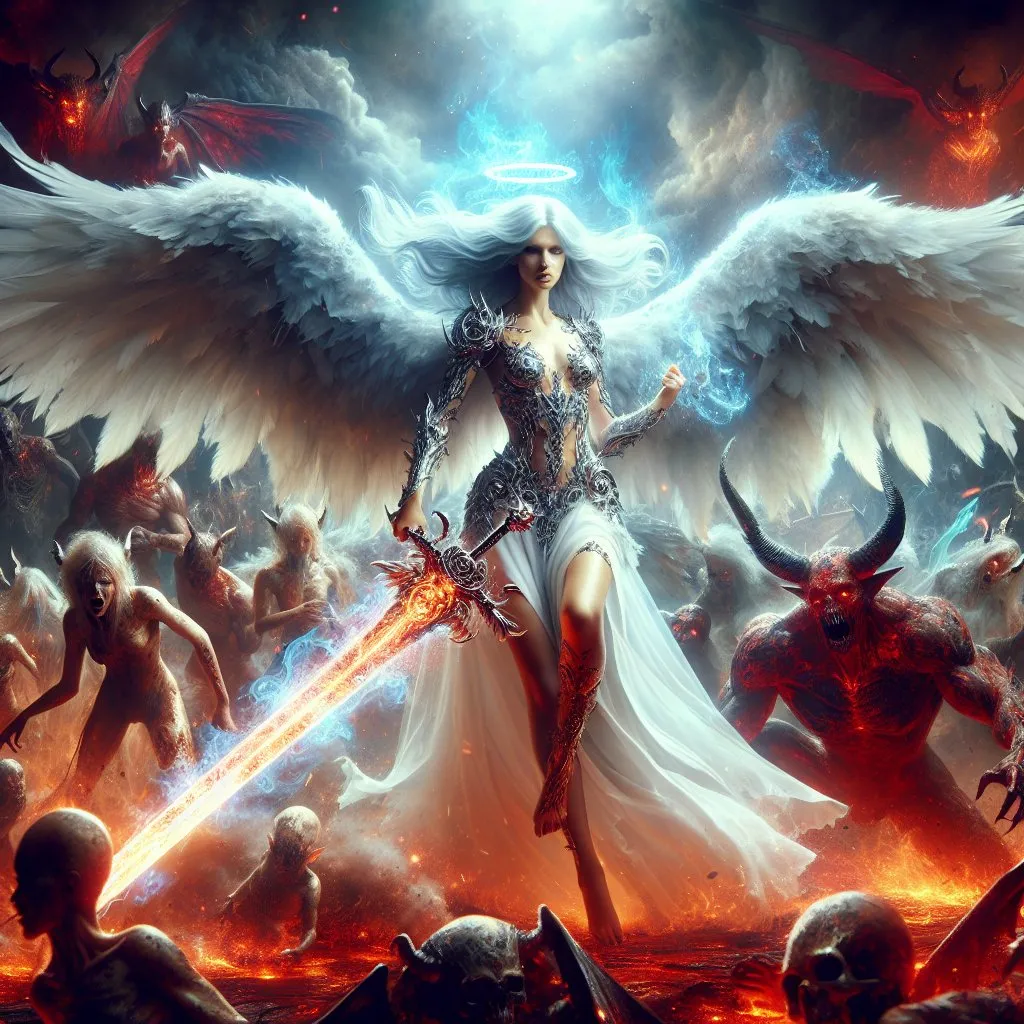 Prompt: Gorgeous angel warrior fighting her way through hell with only a large sword. Bloody demon hoard in background. 