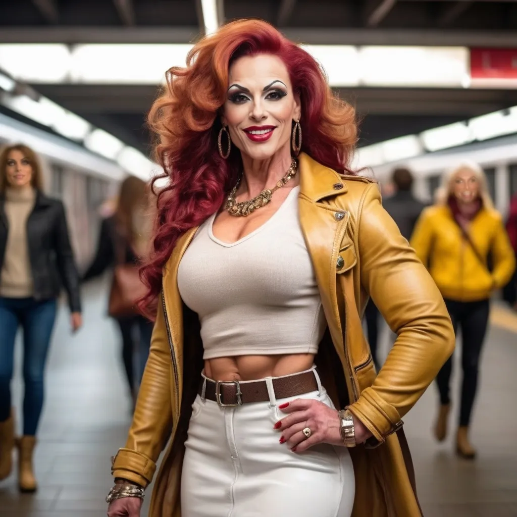 Prompt: Create a digital photograph of a beautiful stylish 35-year-old German drag queen bodybuilder (((with strong masculine jawline and brow))), with big busom and very long curly dark red hair hazel-eyed, white leather jacket, yellow sweater, khaki skirt, brown leather boots, leather handbag, smiling, huge busom, muscular figure, walking in crowded subway station, 8k photo, graceful movement, active scene, highres, detailed, elegant, urban, warm lighting