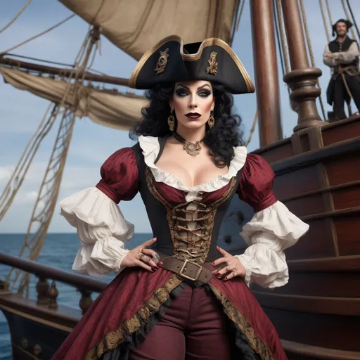 Prompt: A stunning, hyper-realistic and vividly colored depiction of a gorgeous muscular 35-year-old French pirate drag queen (dark eyeshadow, dark red matte lipstick, black hair, abd big busom) in the 1860s. She stands confidently at the bow of a majestic pirate ship, holding a telescope as she searches for her next prey.