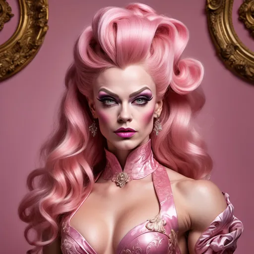 Prompt: Annalena Baerbock in Rokoko Style, the main subject is Graham Norton Dressed up as a gorgeous ultra-muscular 25-year-old Danish drag queen bodybuilder, She is seen in an opulent, Rococo-inspired mood painted by a blend of Artgerm and Rubens, breathtaking pink rokoko updo hair, wearing an elaborate dress in vibrant spring colors. She is made up with dark eyeshadow and dark red lipstick. The dress is rich in architectural details and voluminous, adding to the grandeur of the image. This portrayal is showcasing her in an indoor palace setting. The background is teeming with an abundance of intricate and ornate elements, further accentuating the luxurious ambiance. The description aims to convey the exceptional quality of the image, capturing the viewer's attention through its extraordinary attention to detail and the lavishness it exudes.