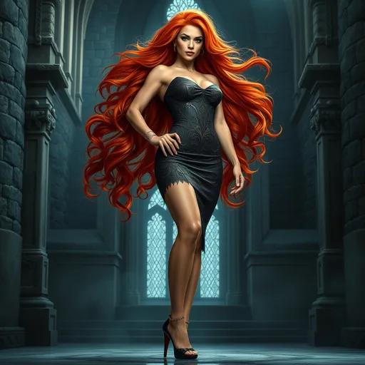 Prompt: FULL BODY PORTRAIT, (photorealistic), Fantasy character, (attractive, sensual, beautiful, dangerous, drag queen bodybuilder, striking dark orange long hair cascading, perfect symmetrical face, adorned in ornate short tight pencil dress and high  heels, dramatic shadows accentuating her features, (sensual dancing alluring stance), mystery and fierce ambiance, standing in a castle, soft ethereal lighting, ultra-detailed, high-resolution background, 