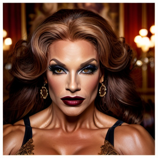 Prompt: (a stunning portrait), gorgeous ultra-muscular 40-year-old British drag queen bodybuilder with very long wavy dark orange and dark lipstick, baroque clothing, intricate details, opulent fabrics, luxurious setting, lavish backdrop, ornate decor, rich color palette, warm and inviting tones, softly diffused lighting, (highly detailed), expressive eyes, elegant pose, sophisticated atmosphere, captivating elegance, enchanting allure.