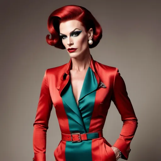 Prompt: Gorgeous muscular 35-year-old Danish drag queen (strong masculine jawline and brow), Prada 1950s style elegant silhouette, classic tailored look, vibrant colors, rich textures, polished accessories, soft lighting, nostalgic ambiance, high-quality detail, reminiscent of mid-century fashion photography, chic dark red hairstyle, playful patterns, stylish footwear, retro elegance