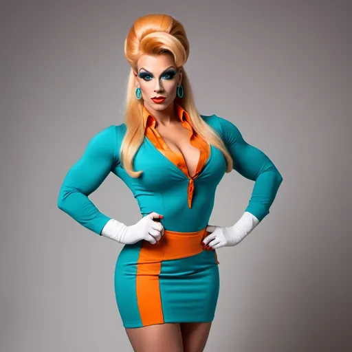 Prompt: 64k Hi-res hd detailed digital photograph of a Gorgeous ultra-muscular 25-year-old Polish drag queen bodybuilder dressed as Fred Jones ((((scooby doo character)))) in white long sleeve shirt, teal knee-high pencil skirt and orange ascot with blonde updo, huge busom, long muscular legs and 8 inch stiletto high heels shoes, spooky dark haunted attic.